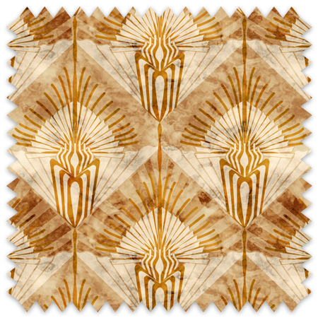 The artwork features a repeating geometric pattern with stylized, abstract plant or feather-like forms arranged in diamond shapes. The design uses warm hues of copper and beige, giving it an earthy, vintage look. Each section within the diamond shapes includes symmetrical lines radiating outward, resembling sunbursts or fans, combined with curved, angular elements creating a sense of rhythm and movement. The overall composition conveys a harmonious blend of natural motifs and geometric precision.